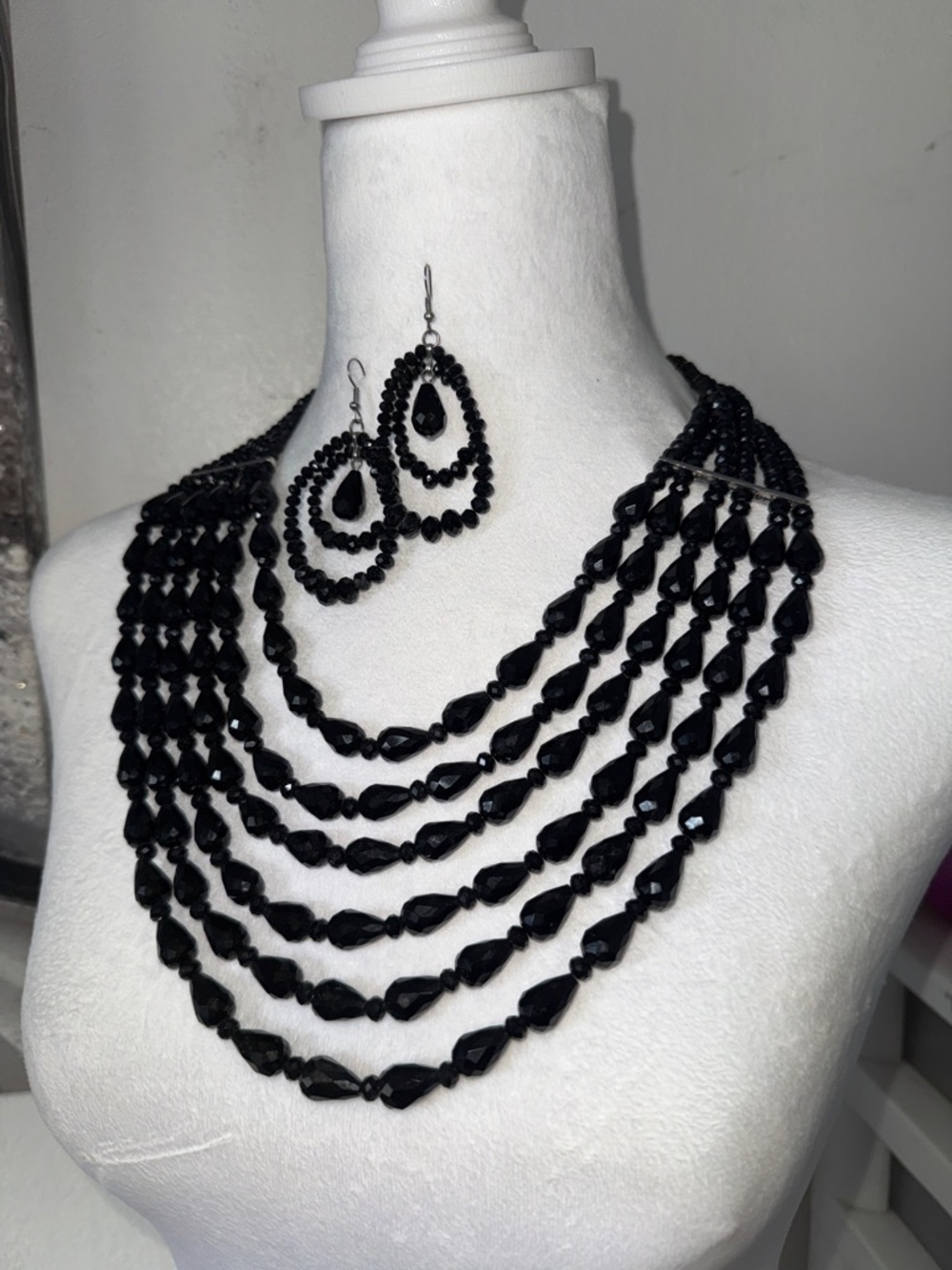 Multi-Strand Black Bead Necklace with Matching Earrings
